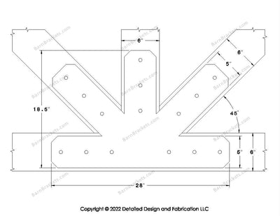 Fan Brackets for 6 inch beams - 5 inch Large centered joint - Chamfered - Centered style holes - BarnBrackets.com