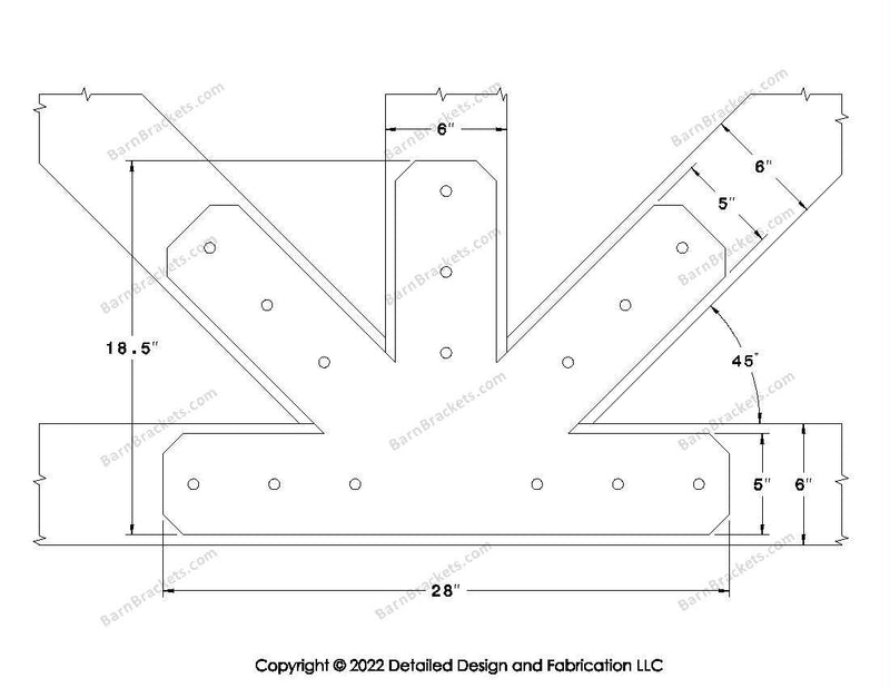 Fan Brackets for 6 inch beams - 5 inch Large centered joint - Chamfered - Centered style holes - BarnBrackets.com