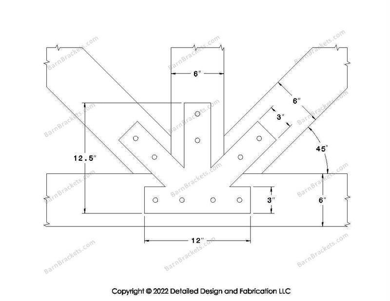 Fan Brackets for 6 inch beams - 3 inch Regular centered joint - Square - Centered style holes - BarnBrackets.com