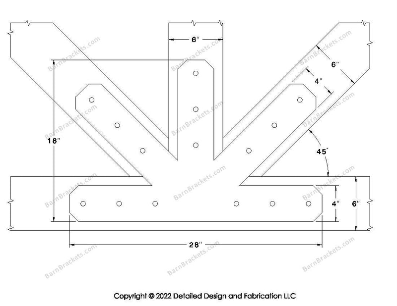 Fan Brackets for 6 inch beams - 4 inch Large centered joint - Chamfered - Centered style holes - BarnBrackets.com