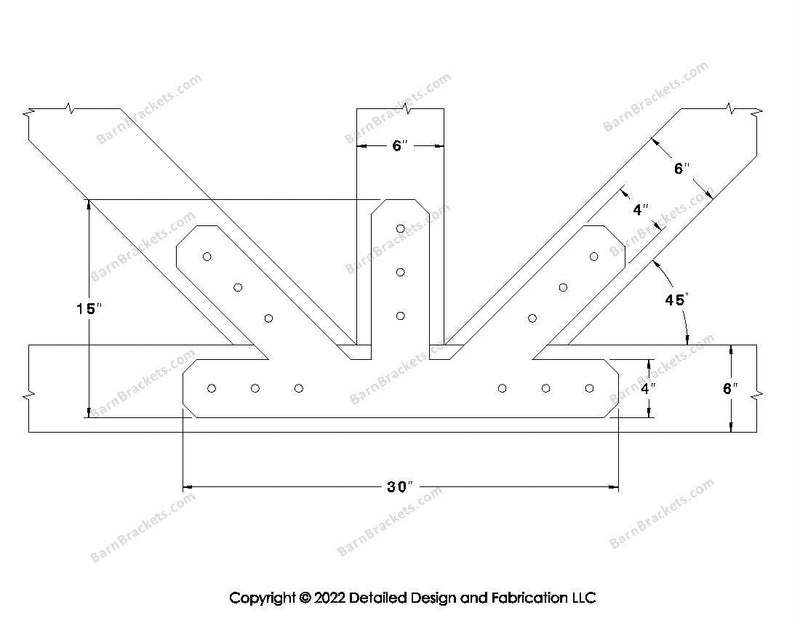 Fan Brackets for 6 inch beams - 4 inch Large offset bottom joint - Chamfered - Centered style holes - BarnBrackets.com