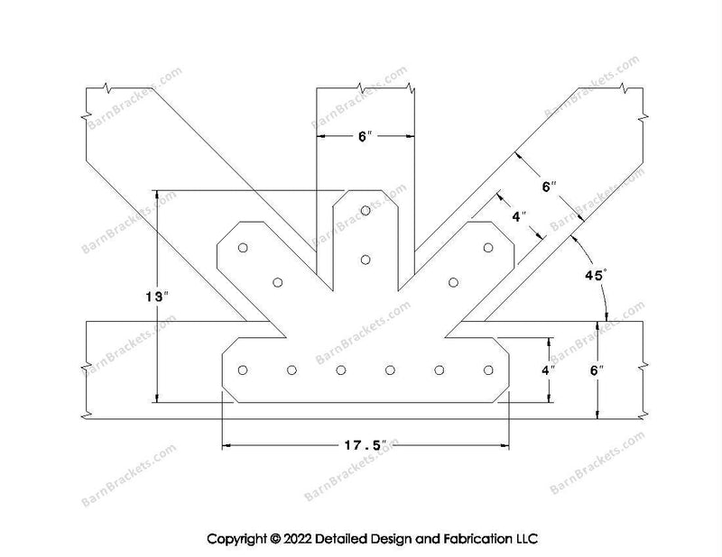 Fan Brackets for 6 inch beams - 4 inch Regular centered joint - Chamfered - Centered style holes - BarnBrackets.com