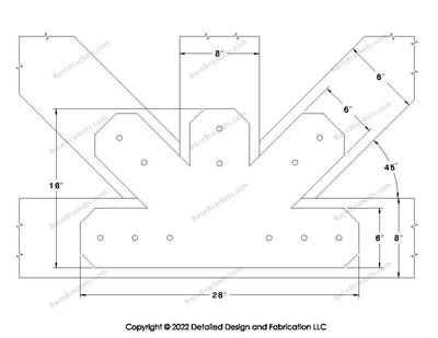 Fan Brackets for 8 inch beams - 6 inch Regular centered joint - Chamfered - Centered style holes - BarnBrackets.com