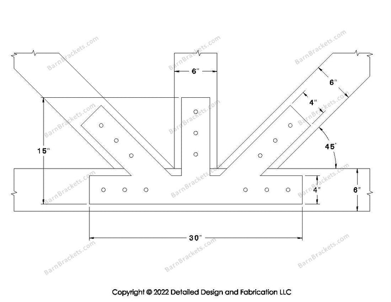 Fan Brackets for 6 inch beams - 4 inch Large offset bottom joint - Square - Centered style holes - BarnBrackets.com