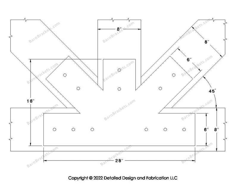 Fan Brackets for 8 inch beams - 6 inch Regular centered joint - Square - Centered style holes - BarnBrackets.com