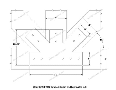 Fan Brackets for 8 inch beams - 5 inch Regular centered joint - Square - Centered style holes - BarnBrackets.com