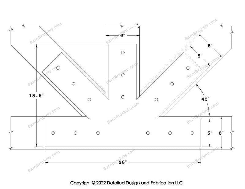 Fan Brackets for 6 inch beams - 5 inch Large centered joint - Square - Centered style holes - BarnBrackets.com