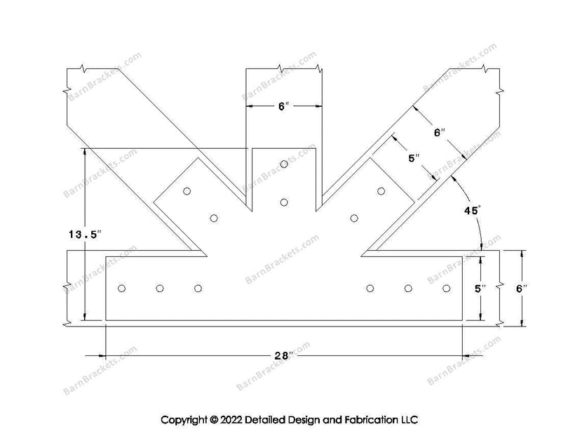 Fan Brackets for 6 inch beams - 5 inch Wide centered joint - Square - Centered style holes - BarnBrackets.com