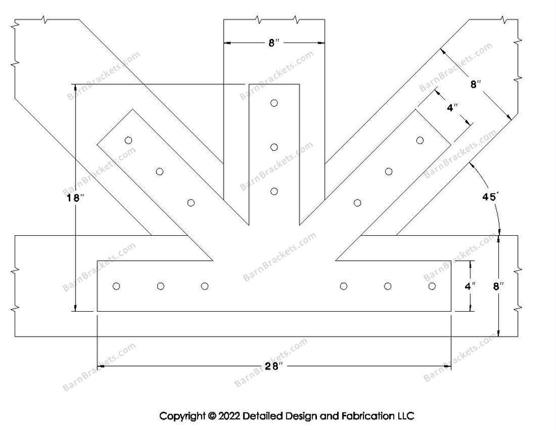 Fan Brackets for 8 inch beams - 4 inch Large centered joint - Square - Centered style holes - BarnBrackets.com