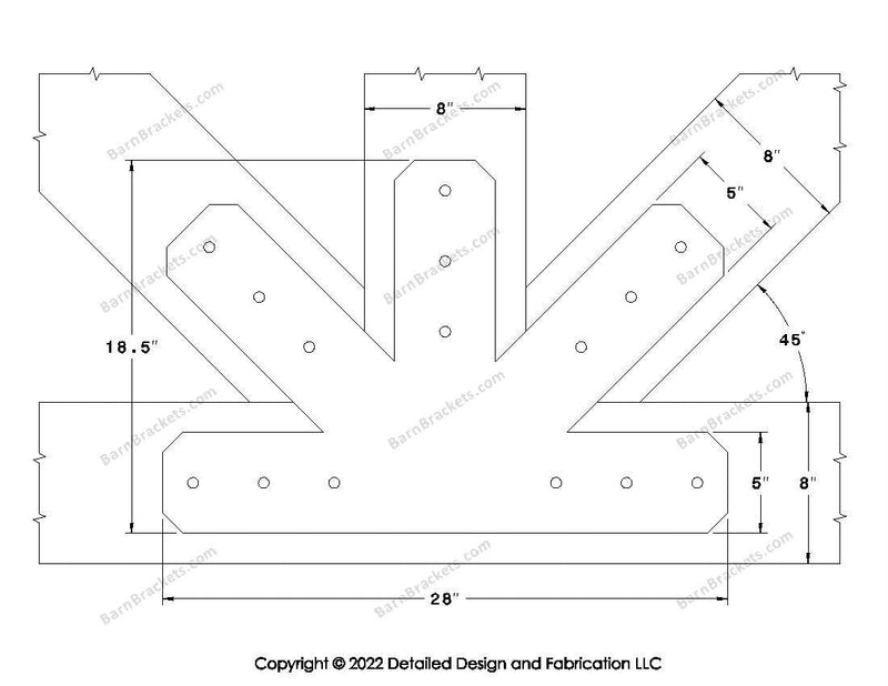 Fan Brackets for 8 inch beams - 5 inch Large centered joint - Chamfered - Centered style holes - BarnBrackets.com