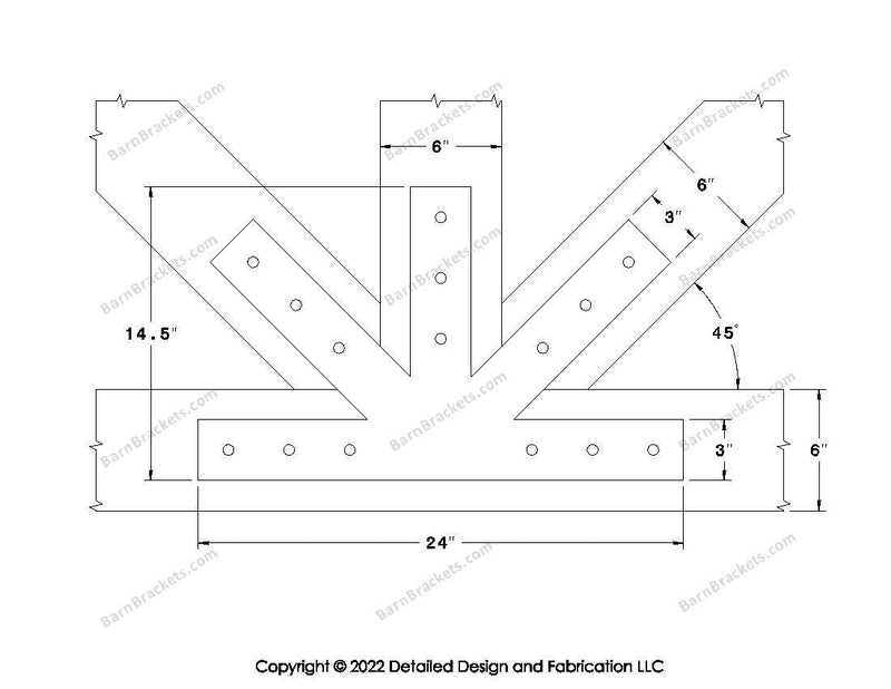 Fan Brackets for 6 inch beams - 3 inch Large centered joint - Square - Centered style holes - BarnBrackets.com