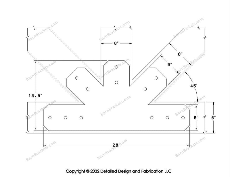 Fan Brackets for 6 inch beams - 5 inch Wide centered joint - Chamfered - Centered style holes - BarnBrackets.com