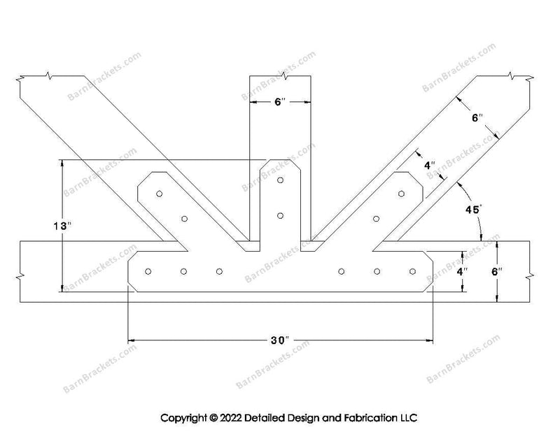 Fan Brackets for 6 inch beams - 4 inch Regular offset bottom joint - Chamfered - Centered style holes - BarnBrackets.com