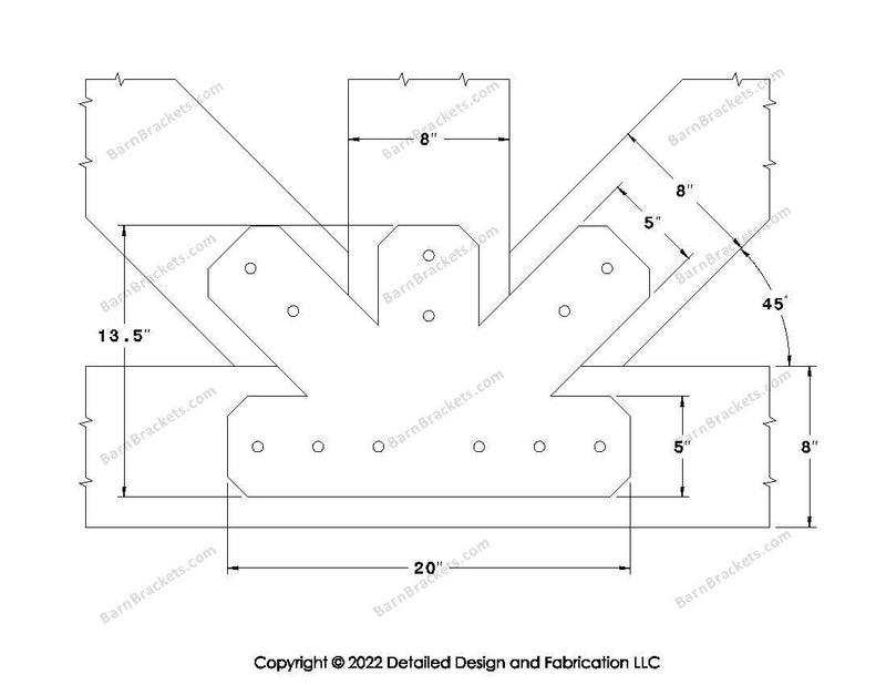 Fan Brackets for 8 inch beams - 5 inch Regular centered joint - Chamfered - Centered style holes - BarnBrackets.com