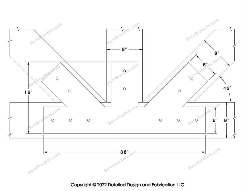 Fan Brackets for 8 inch beams - 6 inch Regular offset bottom joint - Square - Centered style holes - BarnBrackets.com