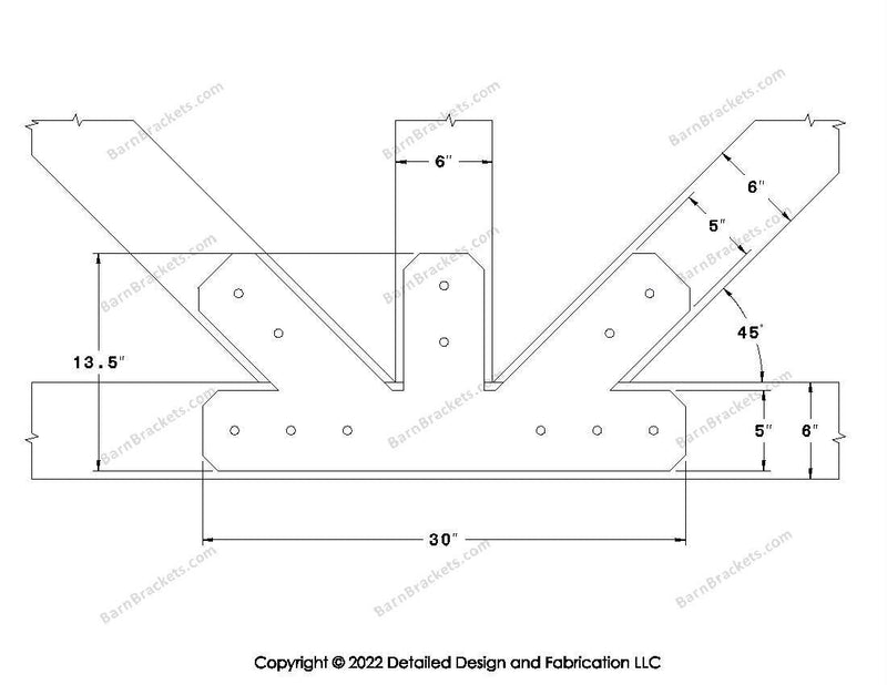 Fan Brackets for 6 inch beams - 5 inch Regular offset bottom joint - Chamfered - Centered style holes - BarnBrackets.com