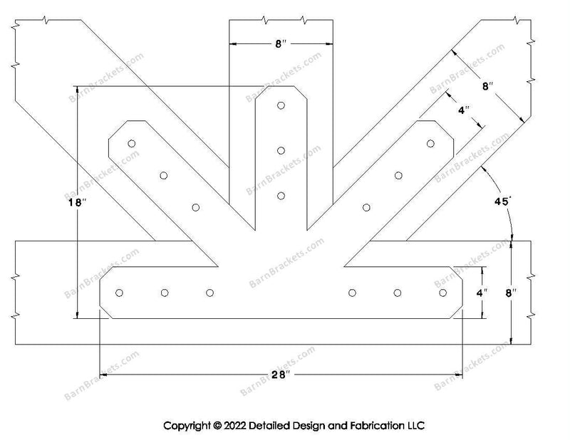 Fan Brackets for 8 inch beams - 4 inch Large centered joint - Chamfered - Centered style holes - BarnBrackets.com