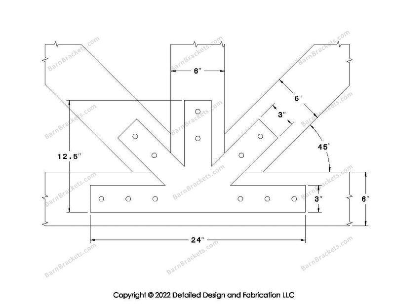 Fan Brackets for 6 inch beams - 3 inch Wide Centered joint - Square - Centered style holes - BarnBrackets.com