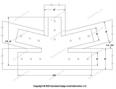 Fan Brackets for 8 inch beams - 5 inch Large centered joint - Square - Centered style holes - BarnBrackets.com