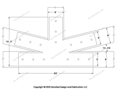 Fan Brackets for 6 inch beams - 5 inch Large centered joint - Square - Centered style holes - BarnBrackets.com