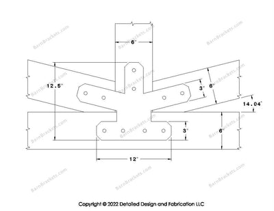 Fan Brackets for 6 inch beams - 3 inch Regular centered joint - Chamfered - Centered style holes - BarnBrackets.com