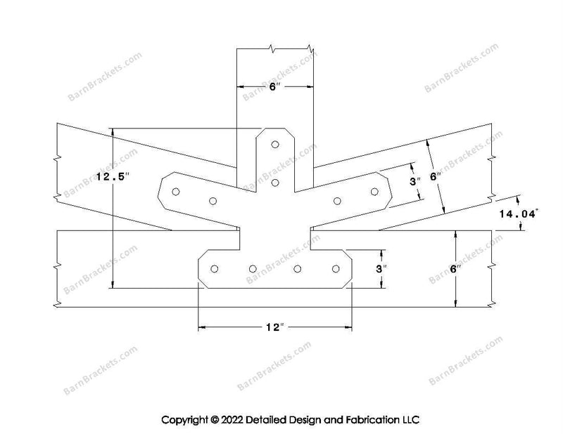 Fan Brackets for 6 inch beams - 3 inch Regular centered joint - Chamfered - Centered style holes - BarnBrackets.com