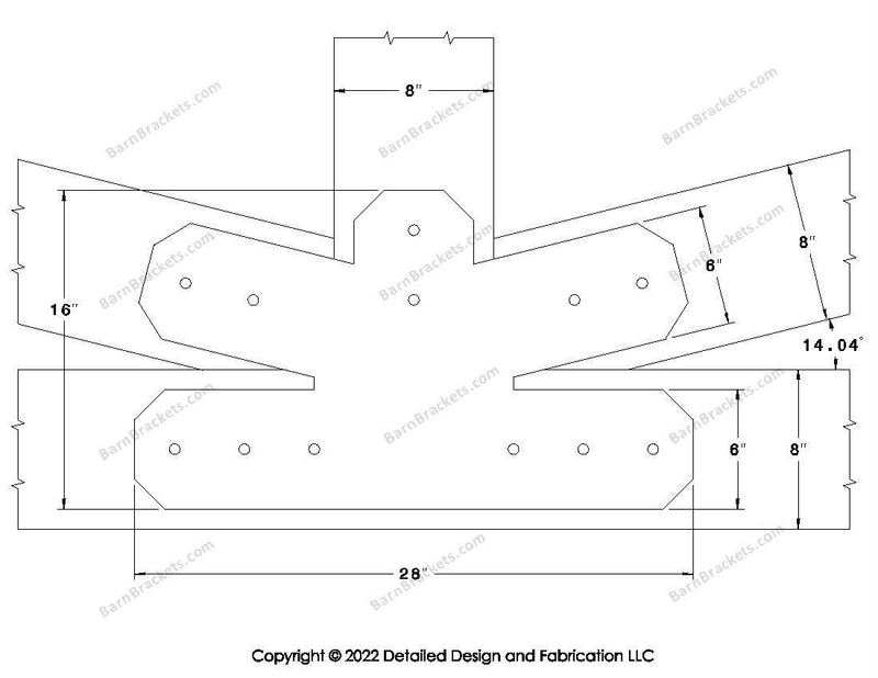 Fan Brackets for 8 inch beams - 6 inch Regular centered joint - Chamfered - Centered style holes - BarnBrackets.com