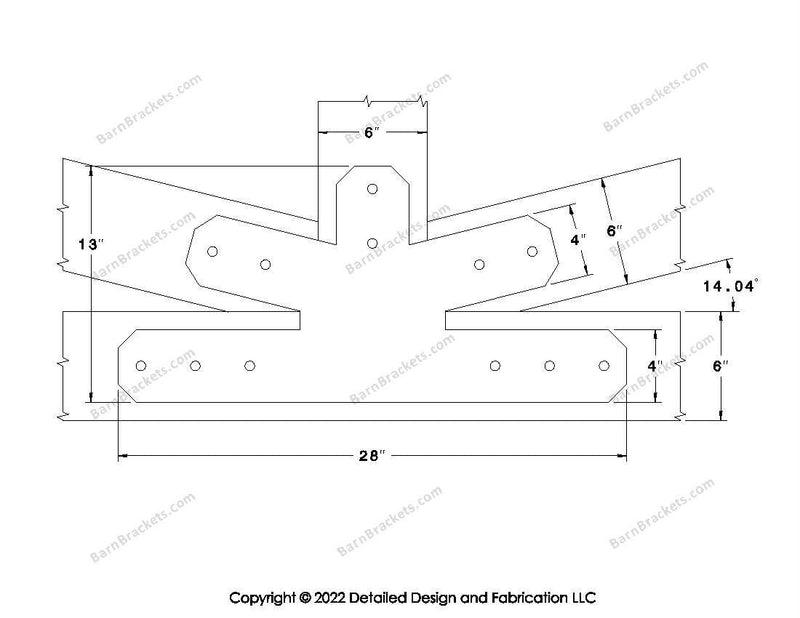 Fan Brackets for 6 inch beams - 4 inch Wide centered joint - Chamfered - Centered style holes - BarnBrackets.com