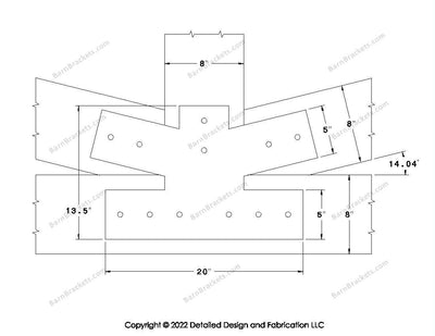 Fan Brackets for 8 inch beams - 5 inch Regular centered joint - Square - Centered style holes - BarnBrackets.com