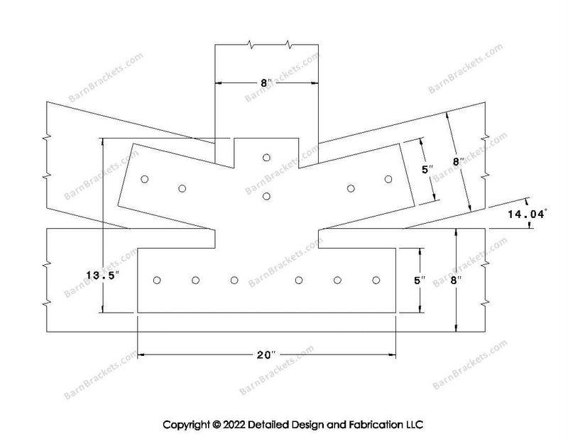 Fan Brackets for 8 inch beams - 5 inch Regular centered joint - Square - Centered style holes - BarnBrackets.com