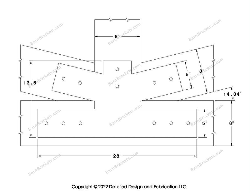 Fan Brackets for 8 inch beams - 5 inch Wide centered joint - Square - Centered style holes - BarnBrackets.com