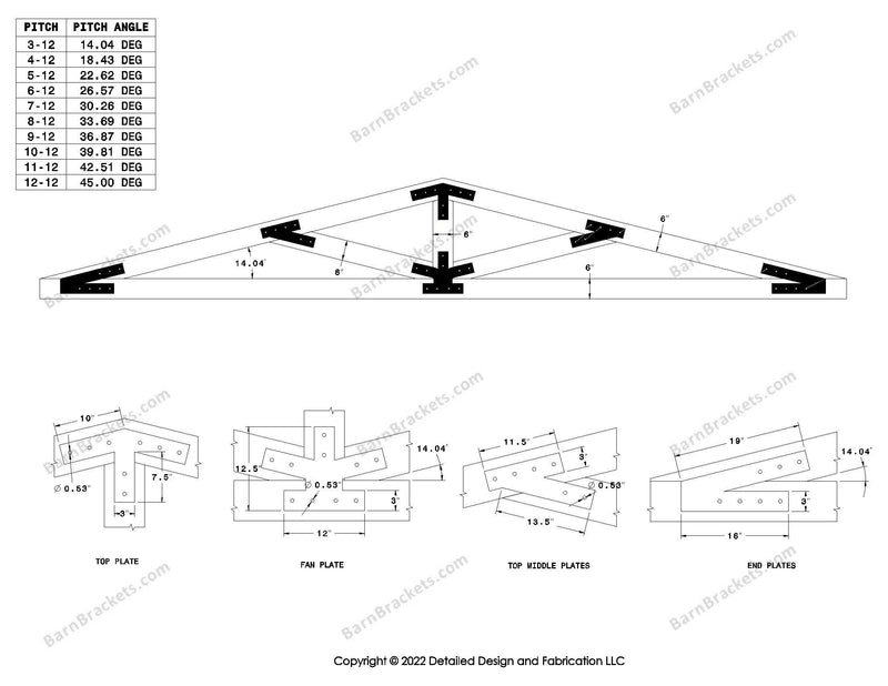 Steel post and beam truss bracket set for a 3/12 pitch roof.