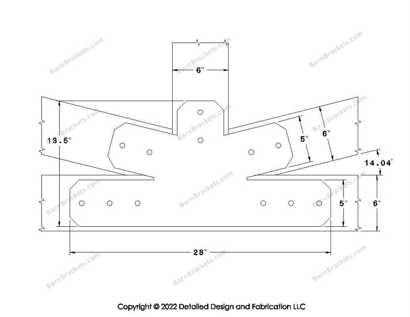 Fan Brackets for 6 inch beams - 5 inch Wide centered joint - Chamfered - Centered style holes - BarnBrackets.com