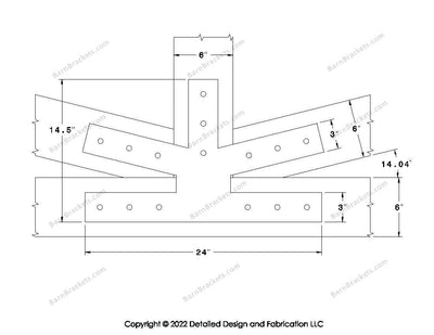 Fan Brackets for 6 inch beams - 3 inch Large centered joint - Square - Centered style holes - BarnBrackets.com