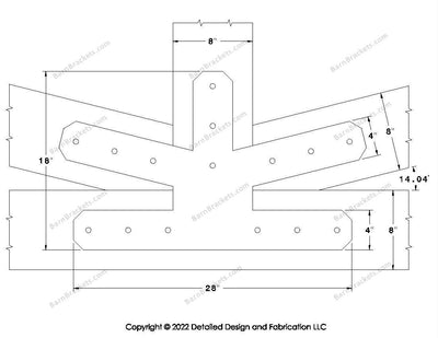 Fan Brackets for 8 inch beams - 4 inch Large centered joint - Chamfered - Centered style holes - BarnBrackets.com