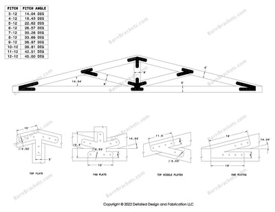 Steel timber truss bracket set for a 3/12 pitch roof.