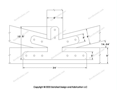 Fan Brackets for 6 inch beams - 3 inch Wide centered joint - Chamfered - Centered style holes - BarnBrackets.com