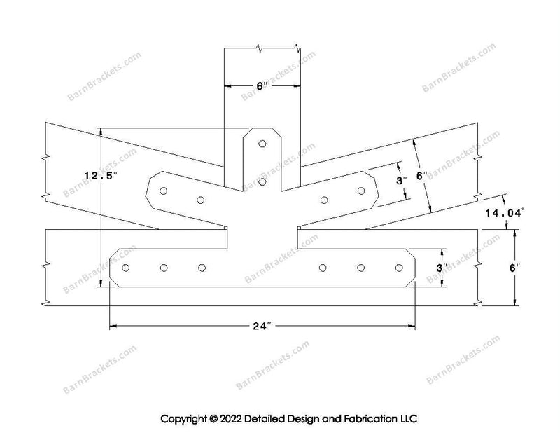 Fan Brackets for 6 inch beams - 3 inch Wide centered joint - Chamfered - Centered style holes - BarnBrackets.com