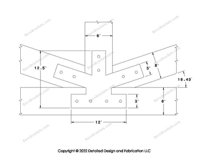 Fan Brackets for 6 inch beams - 3 inch Regular centered joint - Square - Centered style holes - BarnBrackets.com