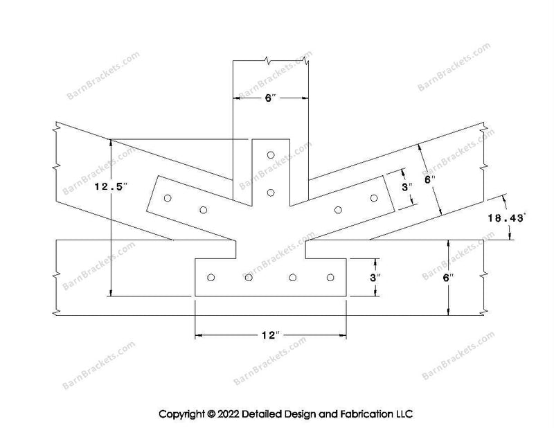 Fan Brackets for 6 inch beams - 3 inch Regular centered joint - Square - Centered style holes - BarnBrackets.com