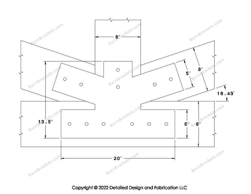 Fan Brackets for 8 inch beams - 5 inch Regular centered joint - Square - Centered style holes - BarnBrackets.com