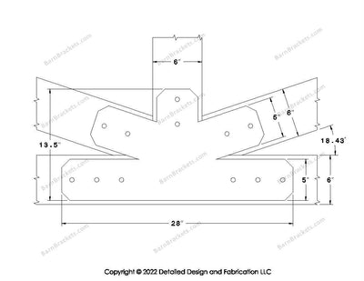 Fan Brackets for 6 inch beams - 5 inch Wide centered joint - Chamfered - Centered style holes - BarnBrackets.com