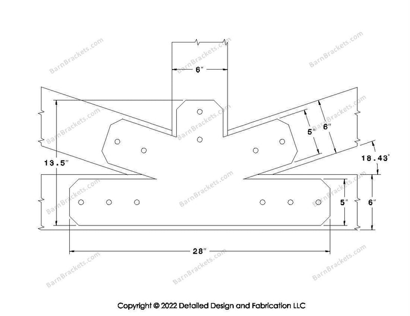 Fan Brackets for 6 inch beams - 5 inch Wide centered joint - Chamfered - Centered style holes - BarnBrackets.com