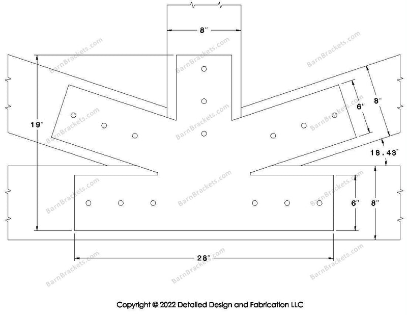 Fan Brackets for 8 inch beams - 6 inch Large centered joint - Square - Centered style holes - BarnBrackets.com