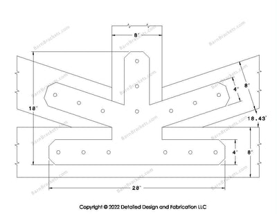 Fan Brackets for 8 inch beams - 4 inch Large centered joint - Chamfered - Centered style holes - BarnBrackets.com