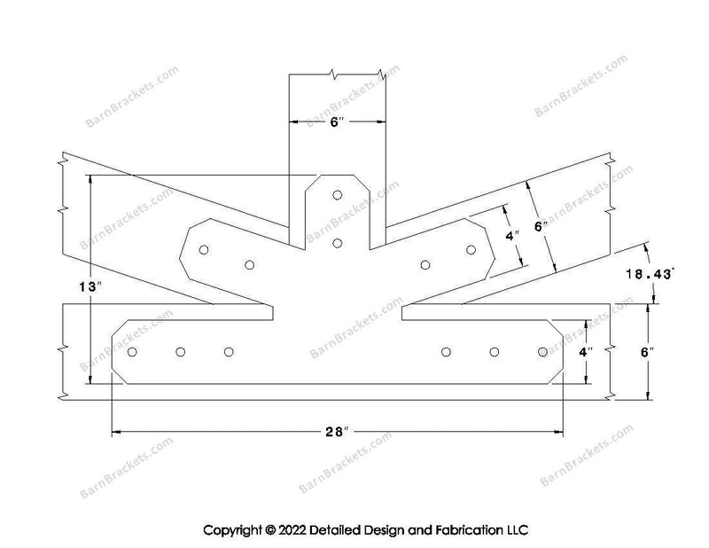 Fan Brackets for 6 inch beams - 4 inch Wide centered joint - Chamfered - Centered style holes - BarnBrackets.com