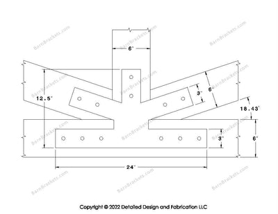 Fan Brackets for 6 inch beams - 3 inch Wide Centered joint - Square - Centered style holes - BarnBrackets.com