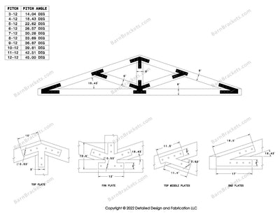 Steel post and beam truss bracket set for a 4/12 pitch roof.