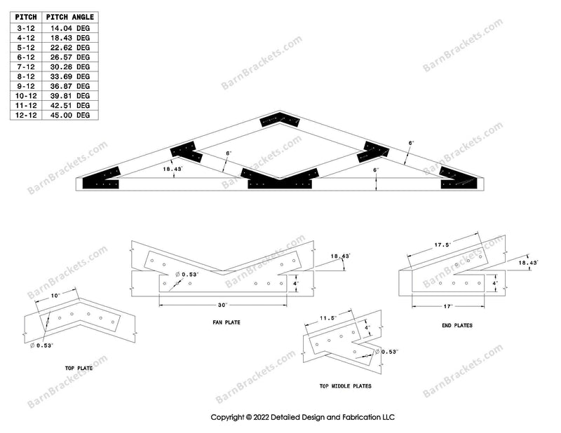 4 inch V style timber truss bracket set  for a 4-12 pitch roof with square corners.