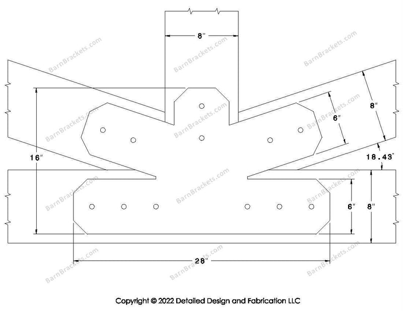 Fan Brackets for 8 inch beams - 6 inch Regular centered joint - Chamfered - Centered style holes - BarnBrackets.com